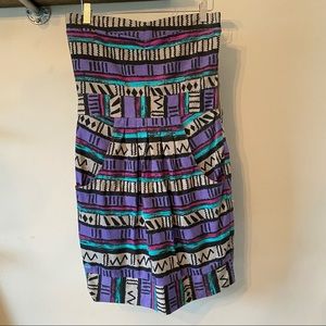 Billabong knit, strapless dress with funky, geometric 80’s print.